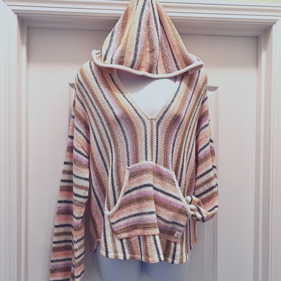 Billabong Tops - BillaBong-Women's Large Pullover Hooded Sweater-VNeck-Color Stripes-Hand Pocket
